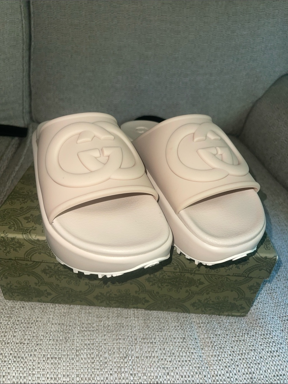 Gucci Beige Rubber GG Slide Sandals